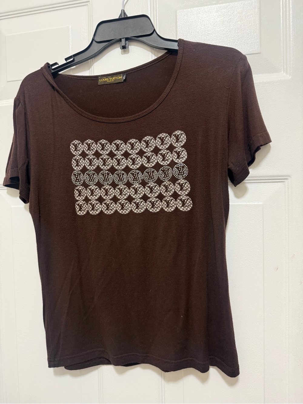 Brown Short Sleeve Logo Tee with Studded Monogram Panel